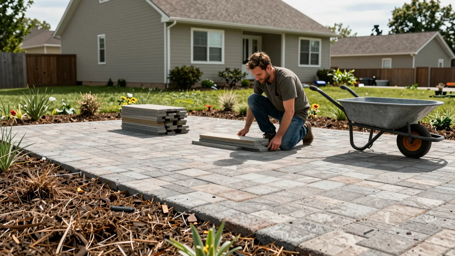 A homeowner laying pavers for a DIY patio in their backyard, with a wheelbarrow and mulched garden bed nearby